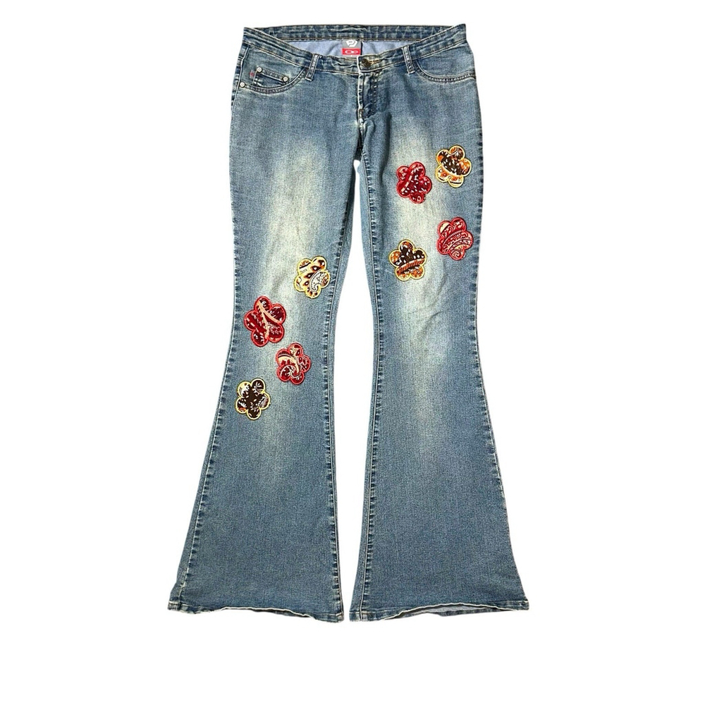 OP Ocean Pacific VTG 90’s Womens Denim Flare Low Rise Jeans Floral Patches Sz 3